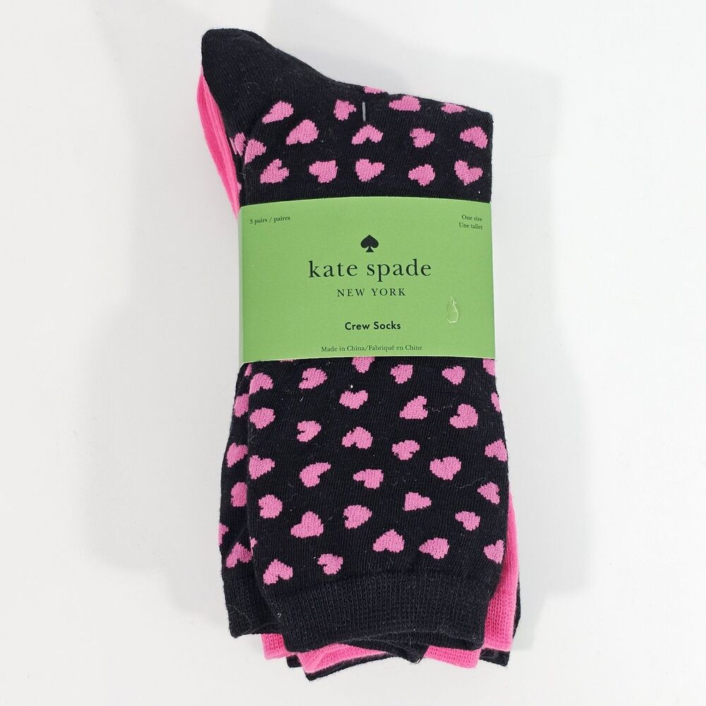 Kate Spade NY Black Pink Hearts Crew Socks 3-Pack Women’s Size 4–10